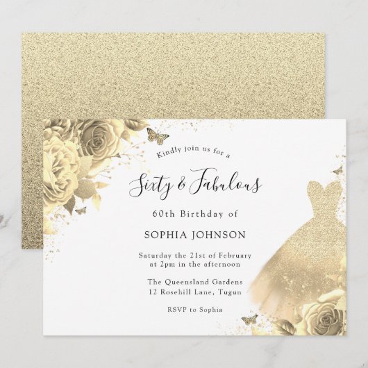 Invitation Robe d'or Floral 60e anniversaire Soixante et fabu (Devant / Derrière)
