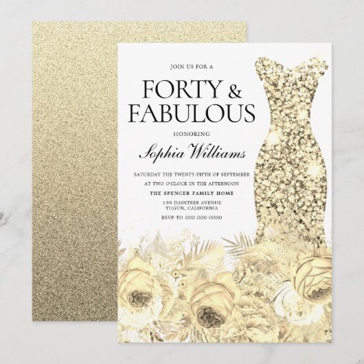 Invitation Robe d'or Floral Forty & Fabuleux 40e anniversaire (Devant / Derrière)