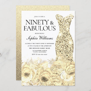 Invitation Robe d'or Floral Ninety et fabuleux 90e anniversai