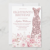 Invitation Robe d'or florale et Rose 18e fête d'anniversaire (Devant)
