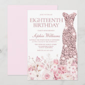 Invitation Robe d'or florale et Rose 18e fête d'anniversaire (Devant / Derrière)