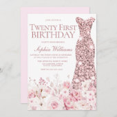 Invitation Robe d'or florale et Rose 21ème anniversaire (Devant / Derrière)