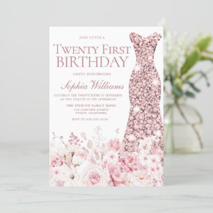 Invitation Robe d'or florale et Rose 21ème anniversaire