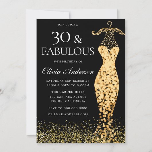 Invitation Robe d'or glamour Fabuleux 30e anniversaire (Devant)