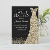 Invitation Robe d'or noir Sweet 16 fête d'anniversaire (Debout devant)