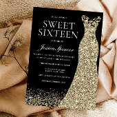 Invitation Robe d'or noir Sweet 16 fête d'anniversaire