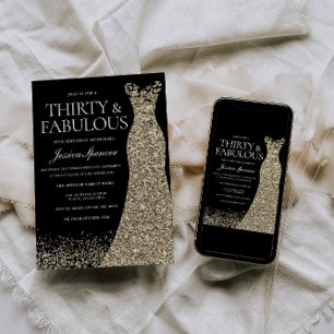 Invitation Robe d'or noire femmes 30e fête d'anniversaire