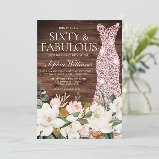 Invitation Robe d'or rose Blush Blanc Rustique 60e anniversai (Debout devant)