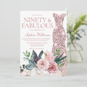 Invitation Robe d'or rose Blush Floral 90e fête d'anniversair (Debout devant)