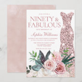 Invitation Robe d'or rose Blush Floral 90e fête d'anniversair (Devant / Derrière)