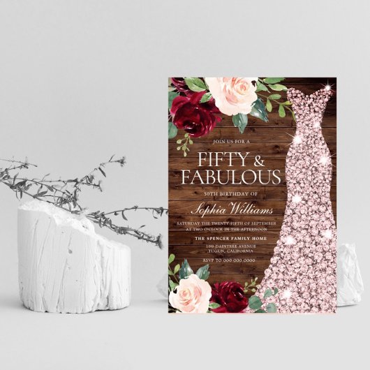 Invitation Robe d'or rose Blush Rustic 50e fête d'anniversair