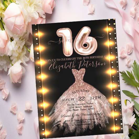 Invitation Robe d'or rose Confetti Lumières Sweet 16