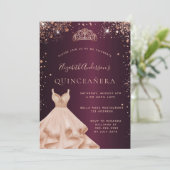 Invitation Robe d'or rose de Quinceanera bordeaux (Debout devant)