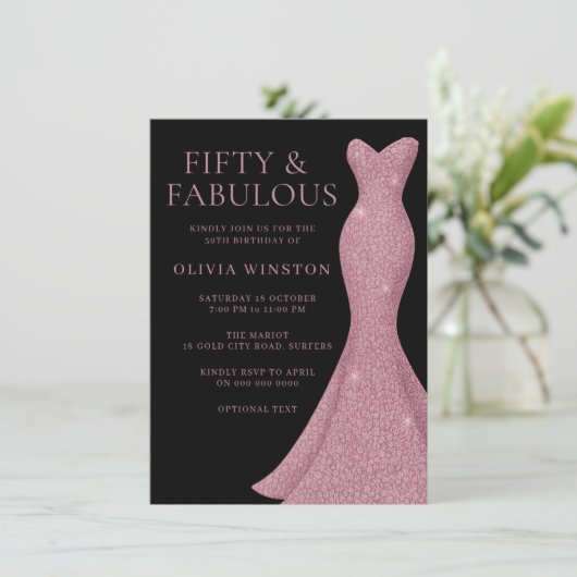 Invitation Robe d'or rose et femmes noires 50e anniversaire (Debout devant)