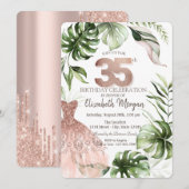 Invitation Robe d'or rose Feuilles tropicaux 35e anniversaire (Devant / Derrière)