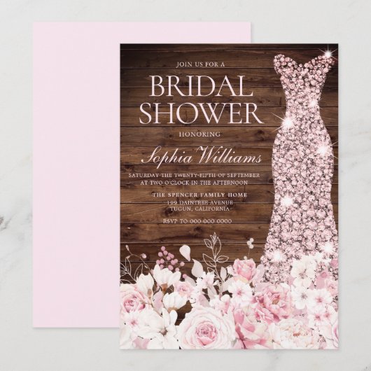 Invitation Robe d'or rose Fleurs de Blush Fête des mariées ru (Devant / Derrière)