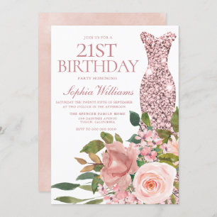 Invitation Robe d'or rose Fleurs roses blanches 21e anniversa
