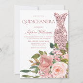 Invitation Robe d'or rose & Fleurs roses blanches Quinceanera (Devant)
