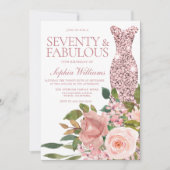 Invitation Robe d'or rose & Fleurs roses bleues 70e anniversa (Devant)
