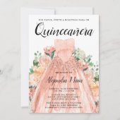 Invitation Robe d'or rose Floral Quinceanera espagnol (Devant)