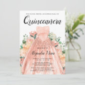 Invitation Robe d'or rose Floral Quinceanera espagnol (Debout devant)