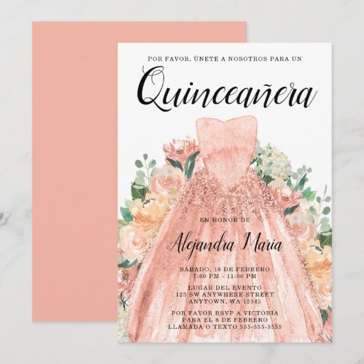 Invitation Robe d'or rose Floral Quinceanera espagnol (Devant / Derrière)
