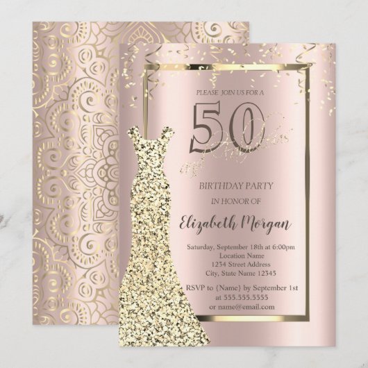 Invitation Robe d'or Rose or, Gold Mandala 50e anniversaire (Devant / Derrière)