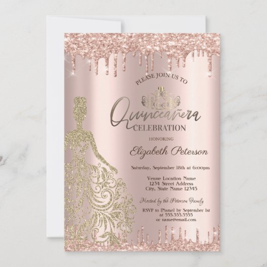 Invitation Robe d'or Rose Parties scintillant d'or Drops Quin (Devant)