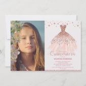 Invitation Robe d'or rose Quinceañera 15e anniversaire Photo (Devant)