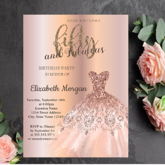 Invitation Robe d'or rose, Rose Gold 50e fête d'anniversaire