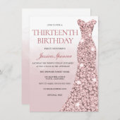 Invitation Robe d'or rose Roses Filles 13e anniversaire (Devant / Derrière)