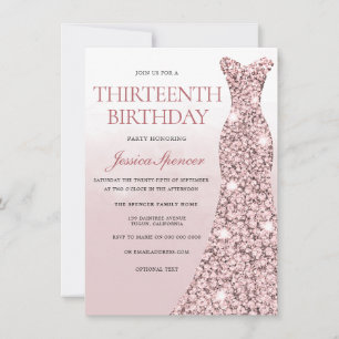 Invitation Robe d'or rose Roses Filles 13e anniversaire