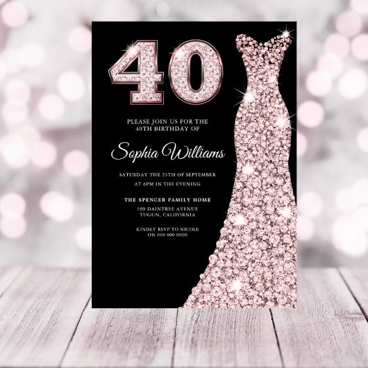 Invitation Robe d'or rose Sparkle 40e anniversaire de fête No