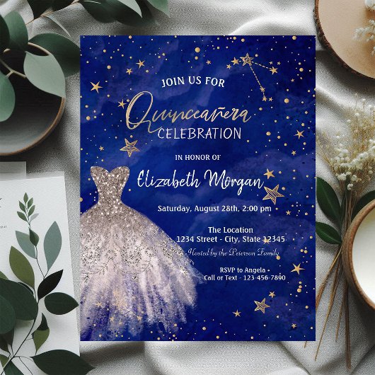 Invitation Robe d'or rose Stars Galaxy Quinceañera