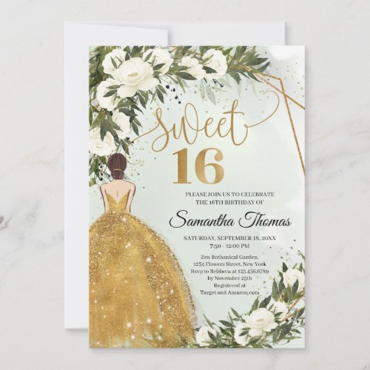 Invitation Robe d'or roses blanches verdure olivier feuillage (Devant)