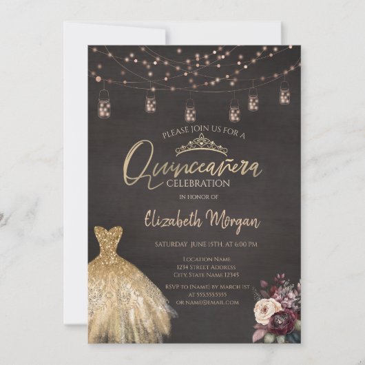 Invitation Robe d'or Rustique String Lumières Rose Quinceañer (Devant)