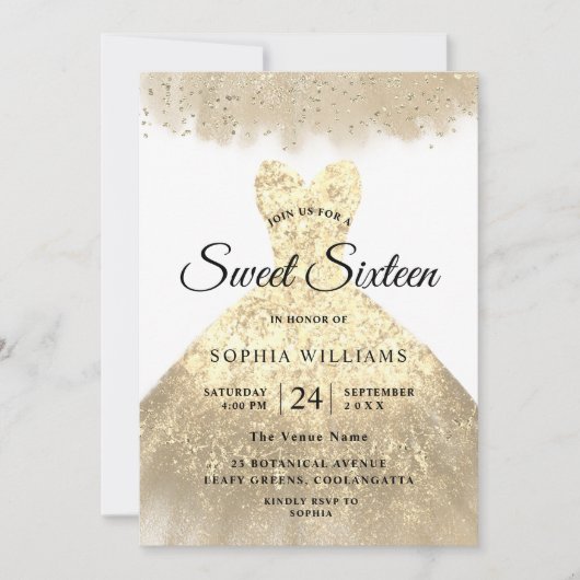 Invitation Robe d'or Sweet 16 Anniversaire fête (Devant)