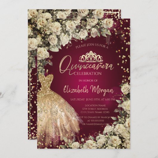 Invitation Robe d'or Tiara, Bourgogne Rose Quinceañera (Devant / Derrière)