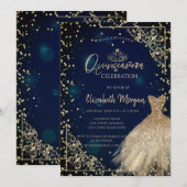 Invitation Robe d'or Tiara, Diamonds Marine Blue Quinceañera (Devant / Derrière)