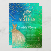 Invitation Robe d'or Tiara, Diamonds Vert bleu Quinceañera (Devant / Derrière)