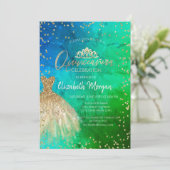 Invitation Robe d'or Tiara, Diamonds Vert bleu Quinceañera (Debout devant)