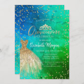 Invitation Robe d'or Tiara, Diamonds Vert bleu Quinceañera (Devant / Derrière)