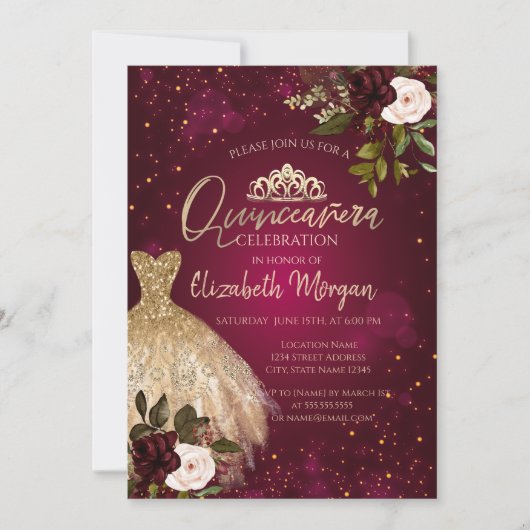 Invitation Robe d'or Tiara, Fleurs Bourgogne Quinceañera (Devant)