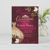 Invitation Robe d'or Tiara, Fleurs Bourgogne Quinceañera (Debout devant)