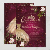 Invitation Robe d'or Tiara, Fleurs Bourgogne Quinceañera (Devant / Derrière)