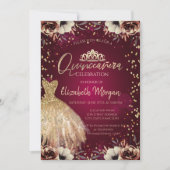 Invitation Robe d'or Tiara, Fleurs Bourgogne Quinceañera (Devant)