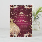 Invitation Robe d'or Tiara, Fleurs Bourgogne Quinceañera (Debout devant)