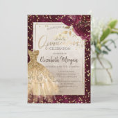 Invitation Robe d'or Tiara, Fleurs Bourgogne Quinceañera (Debout devant)