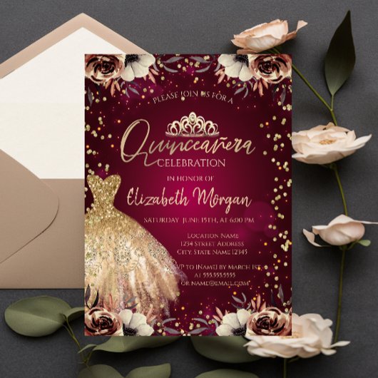 Invitation Robe d'or Tiara, Fleurs Bourgogne Quinceañera