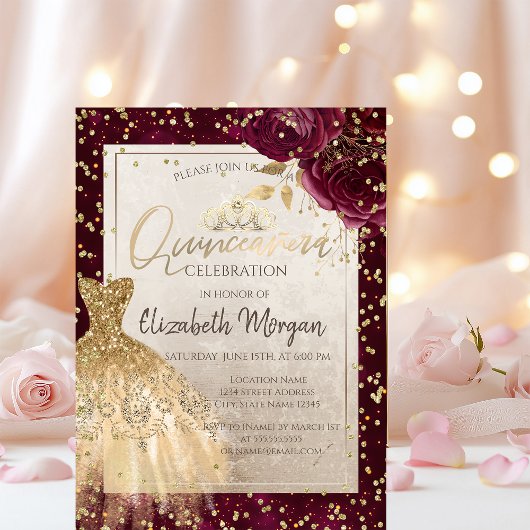 Invitation Robe d'or Tiara, Fleurs Bourgogne Quinceañera